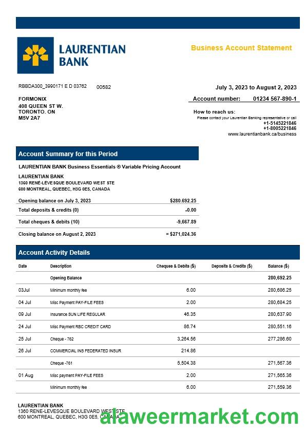 Laurentian Bank enterprise account statement Word and PDF template